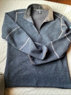 Kuhl Men's Zip Pullover Sweater in Navy with Tan Trim